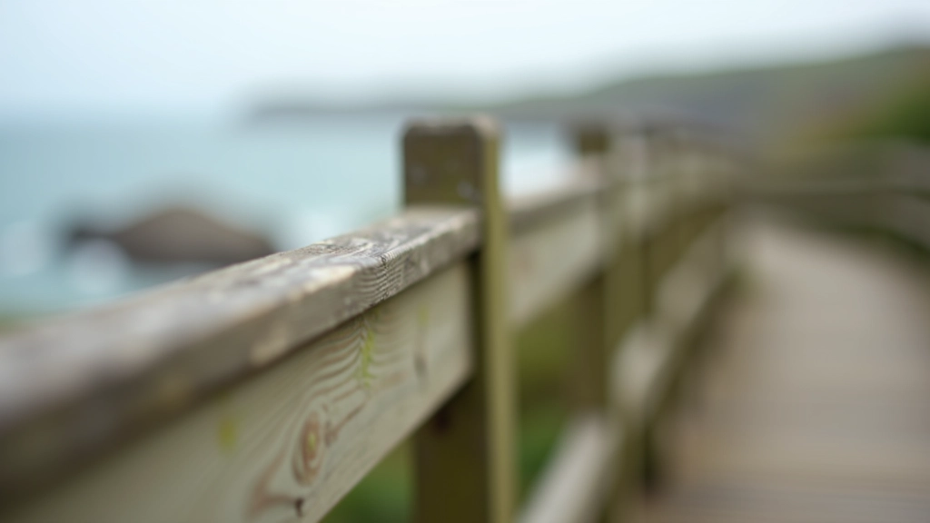 Close-up of accessible wooden walkway railing with safety features on coastal path