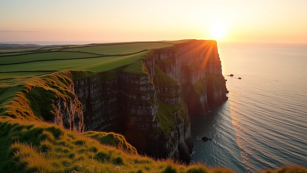 Golden morning sunlight illuminating coastal cliffs and green headland grass, ocean horizon calm and clear, early dawn atmosphere