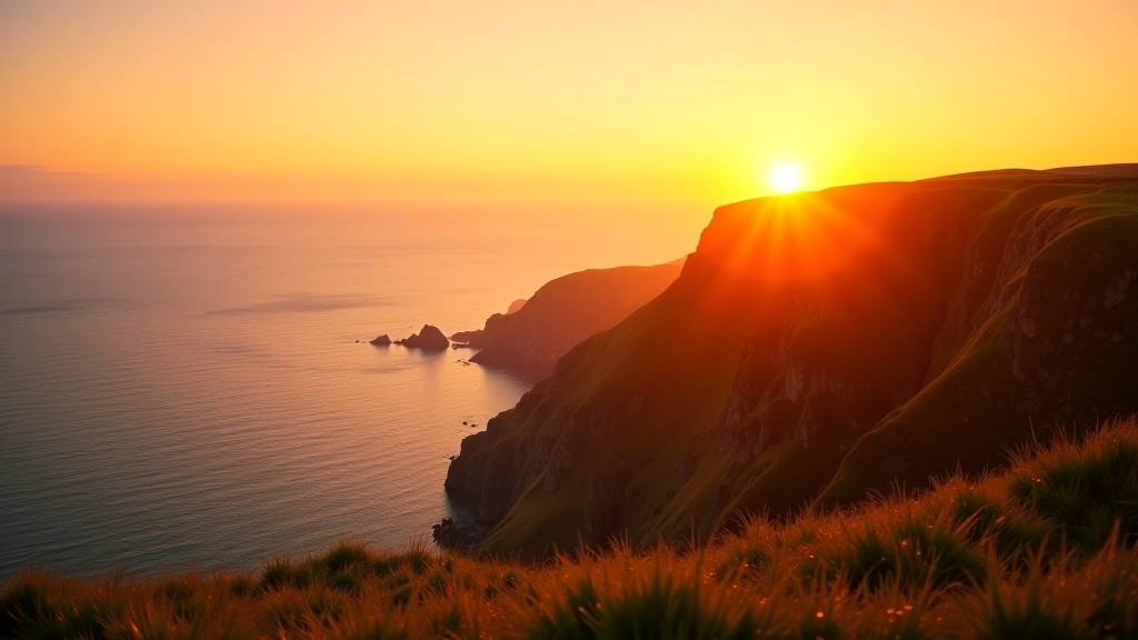 Golden hour sunset approaching over Atlantic Ocean from clifftop, warm orange and amber light, silhouettes of coastal grasses