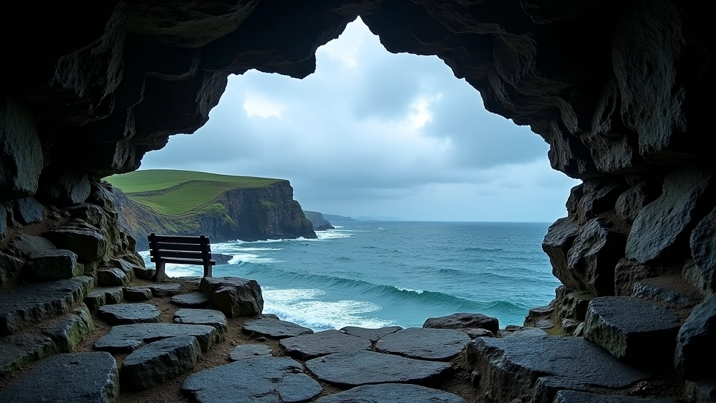 Dramatic coastal rock formations creating natural shelter, stormy sky with dark clouds, Atlantic Ocean with texture, weathered stone surfaces