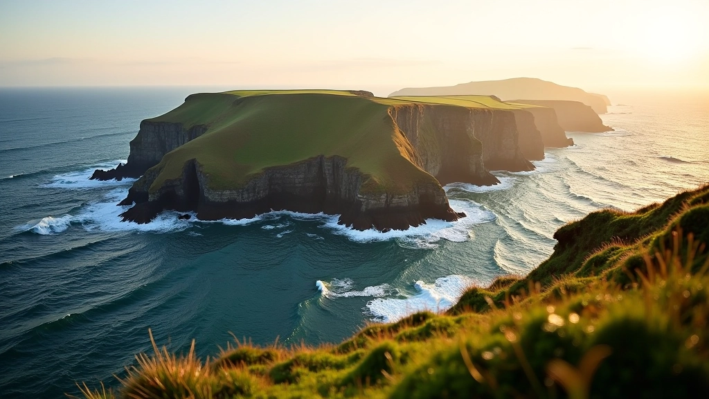 Dramatic coastal cliffs with green headland overlooking Atlantic Ocean at sunset