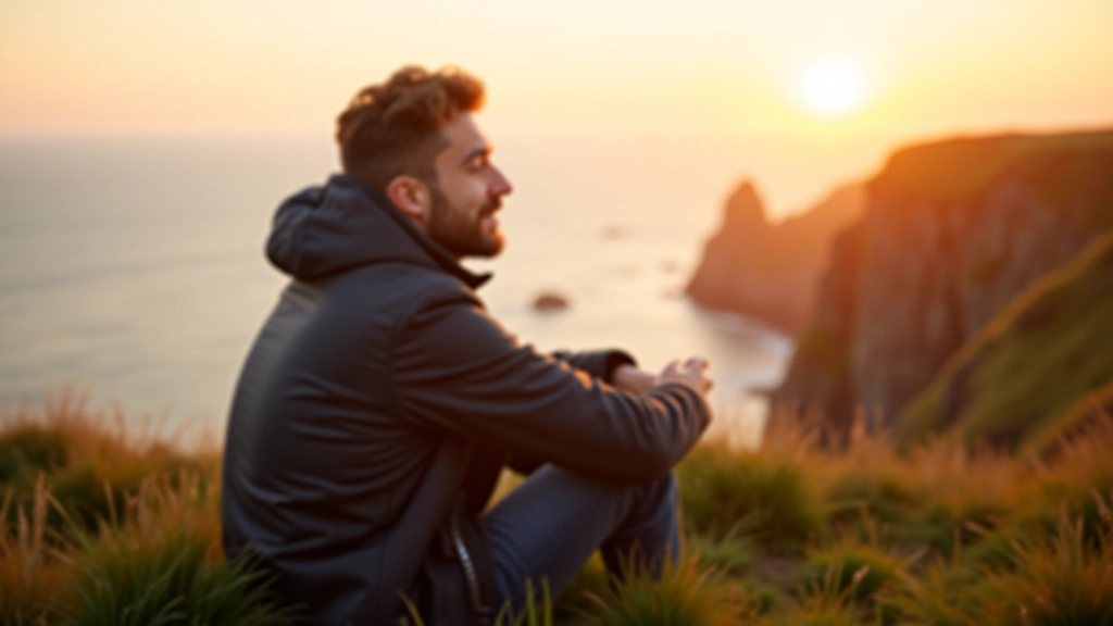 Person sitting on clifftop during golden hour sunset, watching the horizon with waves visible below