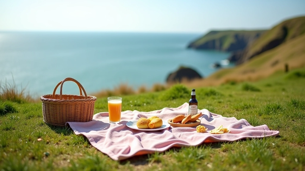 Organized picnic setup on coastal grass with provisions and seating
