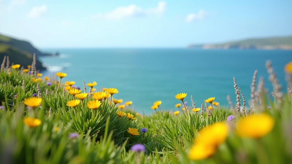 Green cliffs with wildflowers blooming in spring
