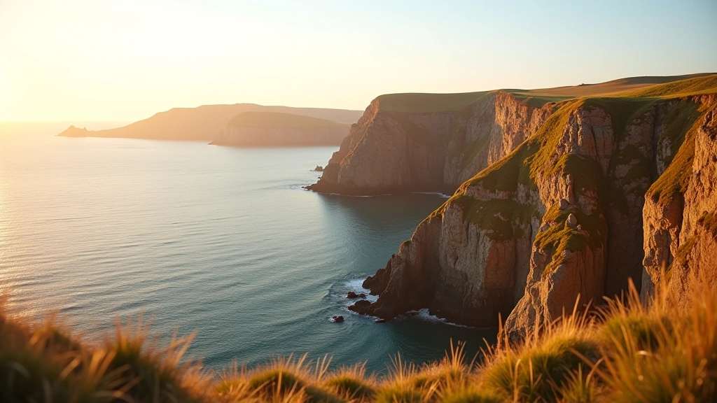 Golden hour sunlight on coastal cliffs during summer evening