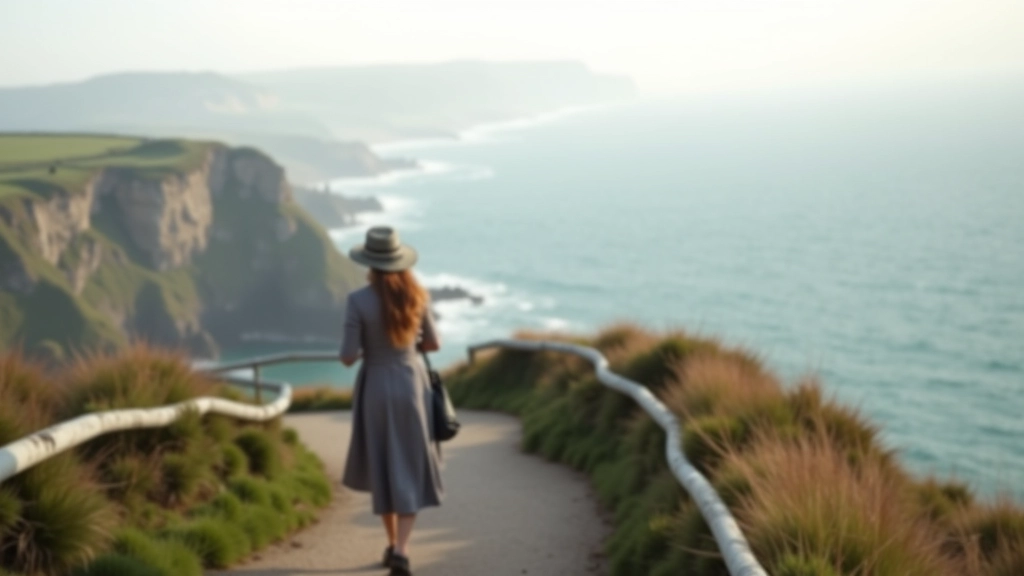 Woman walking slowly along coastal cliff path with handrail visible, sea in background, peaceful expression